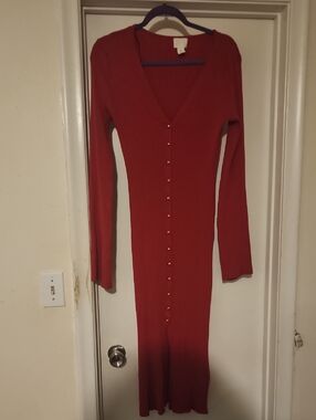 H&M Rust Button-Front Ribbed Long-Sleeve Dress